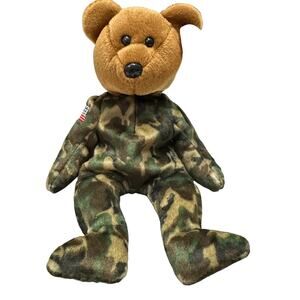 Vintage TY Patriotic Beanie Babies Bear HERO Camo Uniform USA Flag Backward NEW